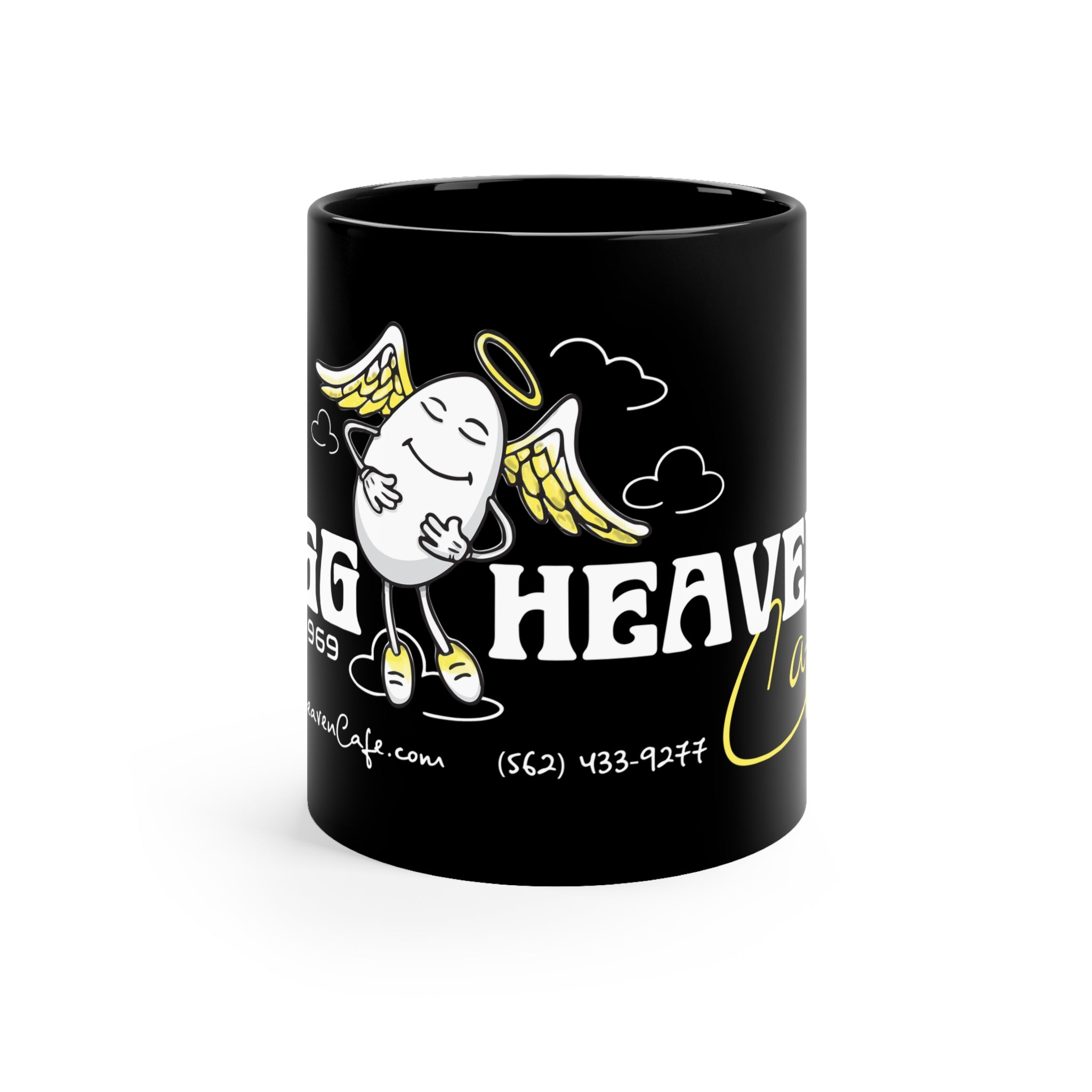 Egg Heaven Cafe Black 11oz Coffee Mug — Cute Egg Angel Logo