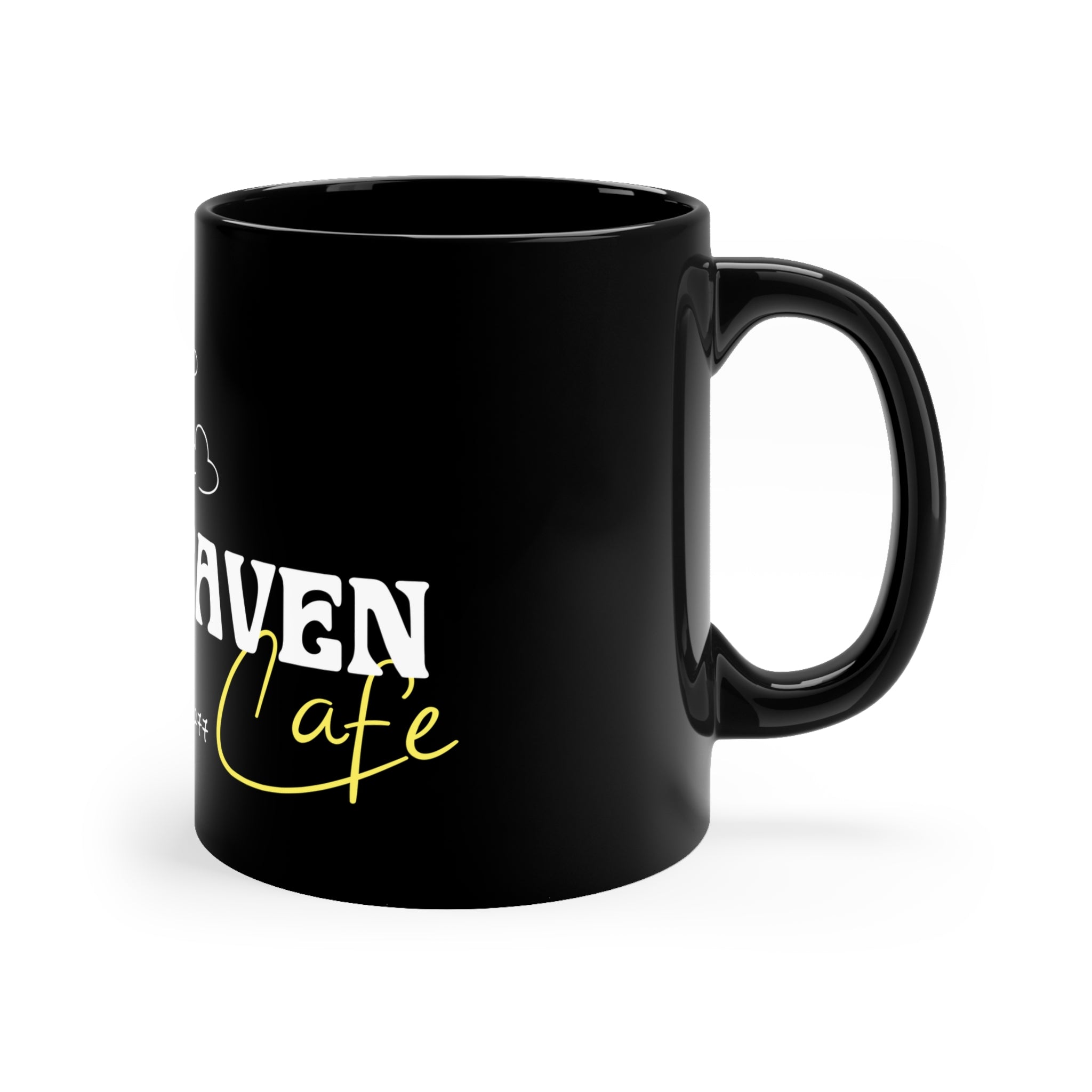 Egg Heaven Cafe Black 11oz Coffee Mug — Cute Egg Angel Logo