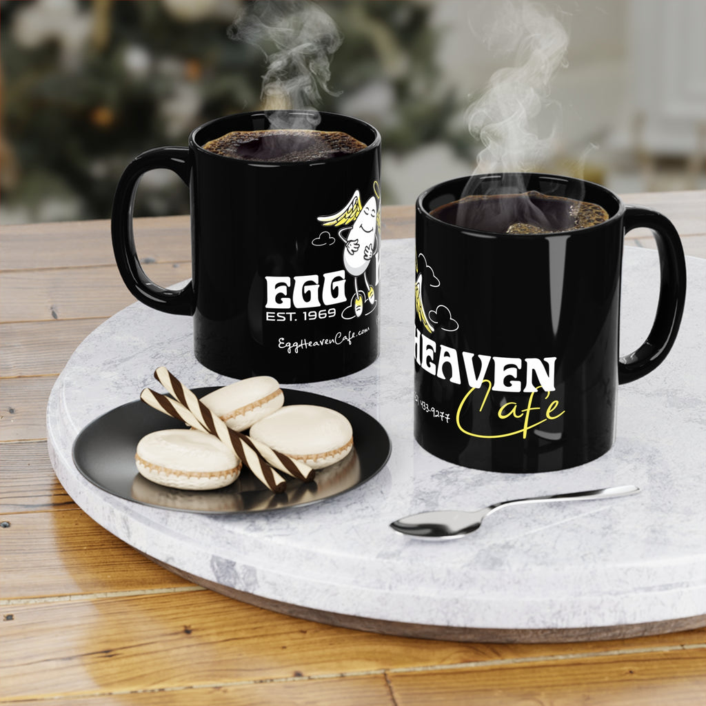 Egg Heaven Cafe Black 11oz Coffee Mug — Cute Egg Angel Logo
